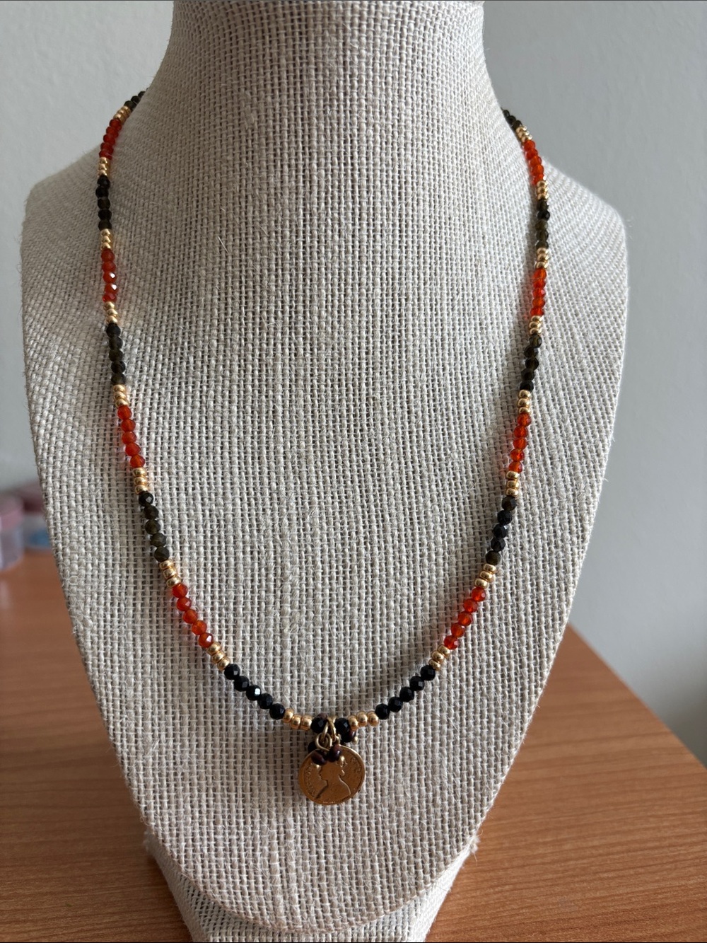 Gold Charm Beaded Necklace - Black & Red Beads